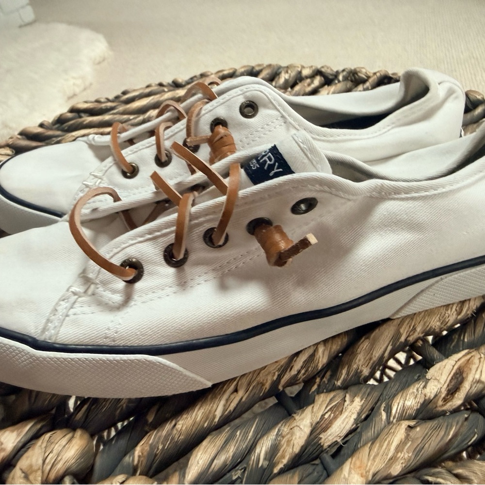 Sperry Men's White Canvas Sneakers with Tan Leather Laces